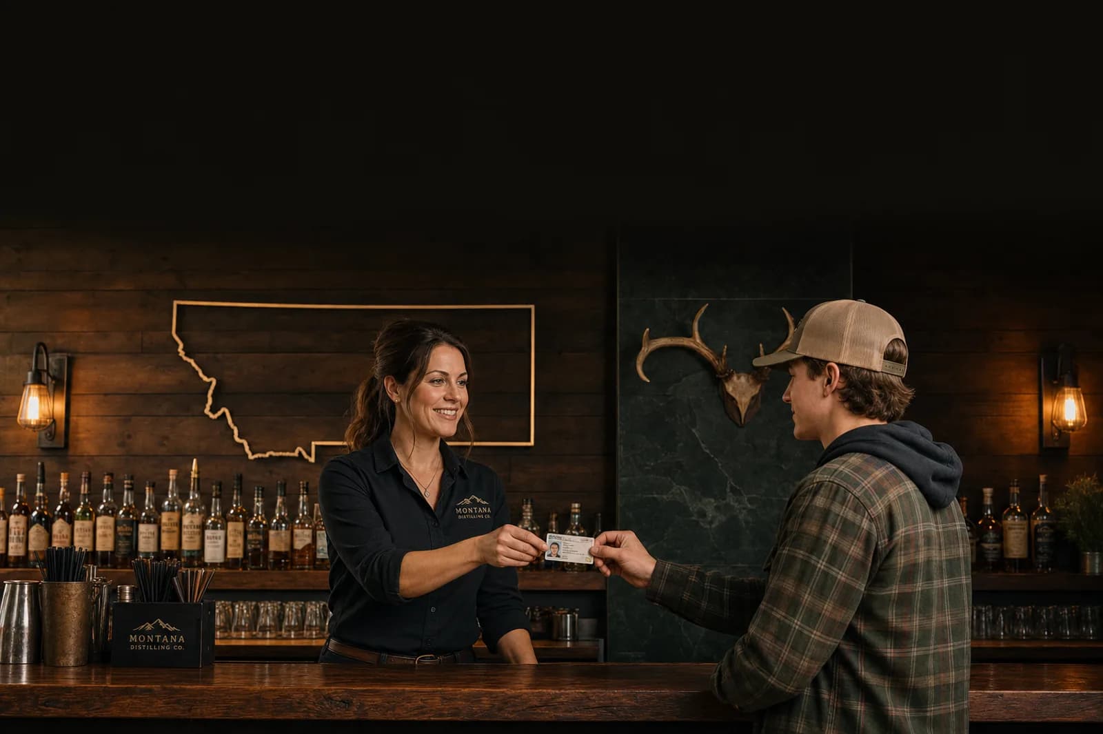 A Montana bartender checking a customer's ID at the bar