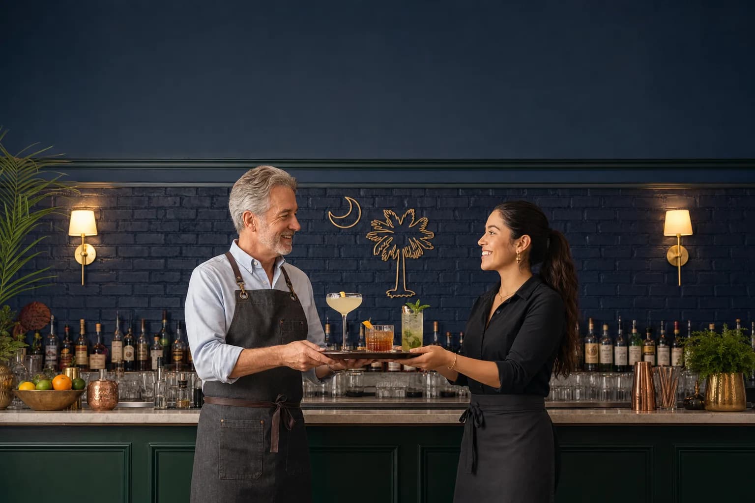 A South Carolina bartender passing a drink tray in front of a navy bar wall
