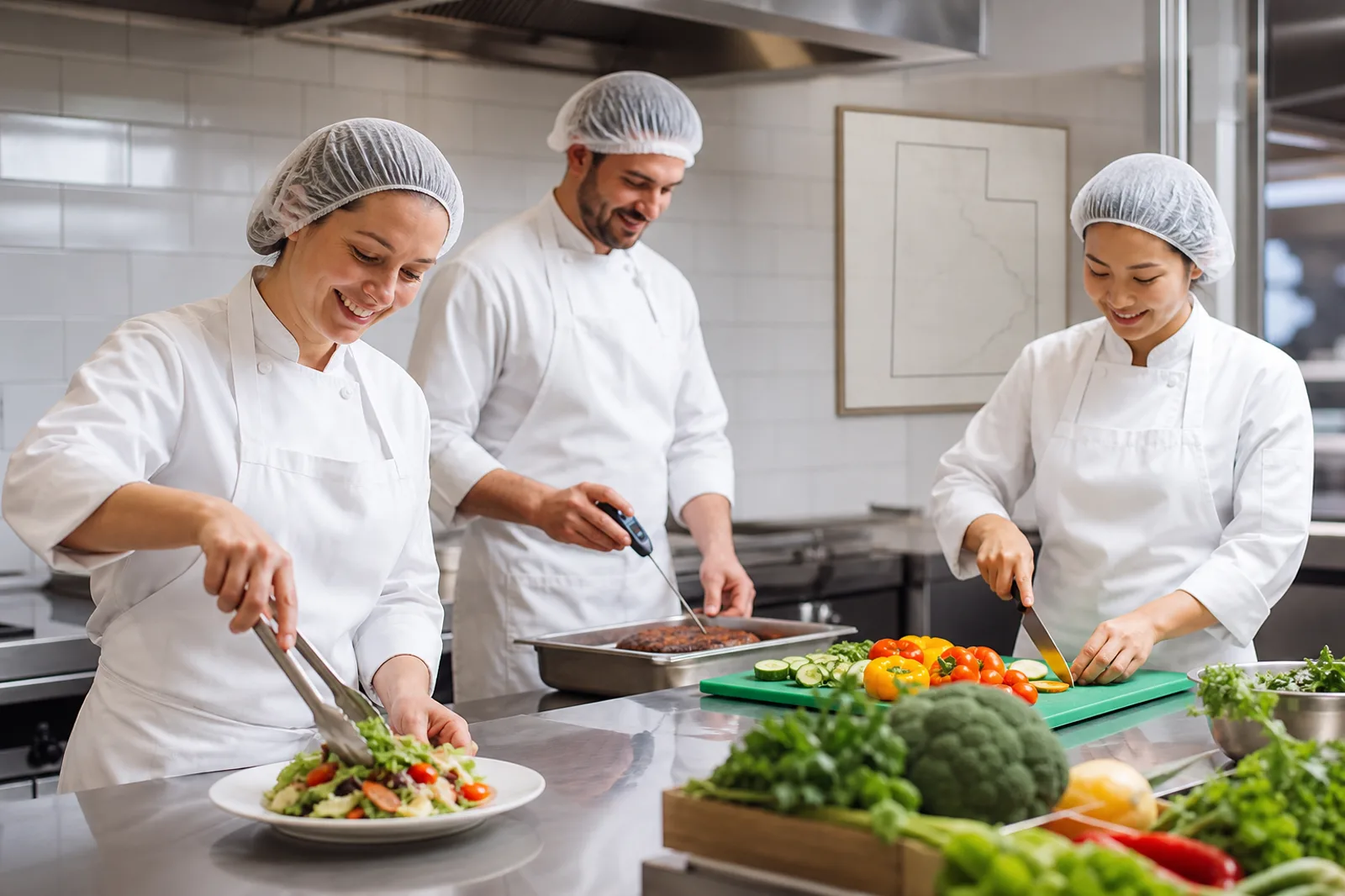 Food handlers preparing food in a commercial kitchen